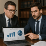 Two attorneys reviewing digital lead generation reports on a laptop in a modern law office, evaluating the ROI of legal lead providers.