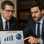 Two attorneys reviewing digital lead generation reports on a laptop in a modern law office, evaluating the ROI of legal lead providers.