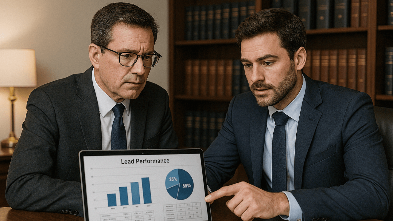 Two attorneys reviewing digital lead generation reports on a laptop in a modern law office, evaluating the ROI of legal lead providers.