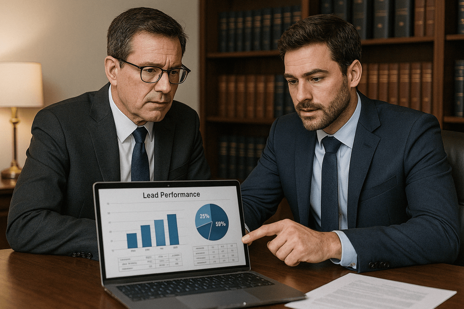 Two attorneys reviewing digital lead generation reports on a laptop in a modern law office, evaluating the ROI of legal lead providers.