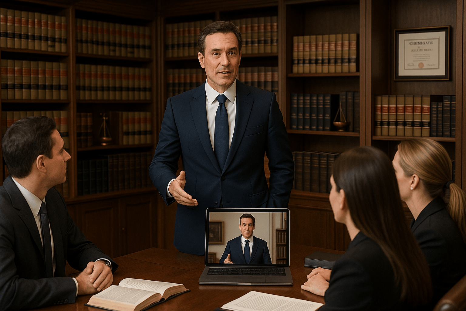 Lead lawyer addressing a legal team during a strategy meeting in a law office.