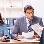 Injured woman with neck brace meeting lawyer and judge — how do I start a whiplash claim