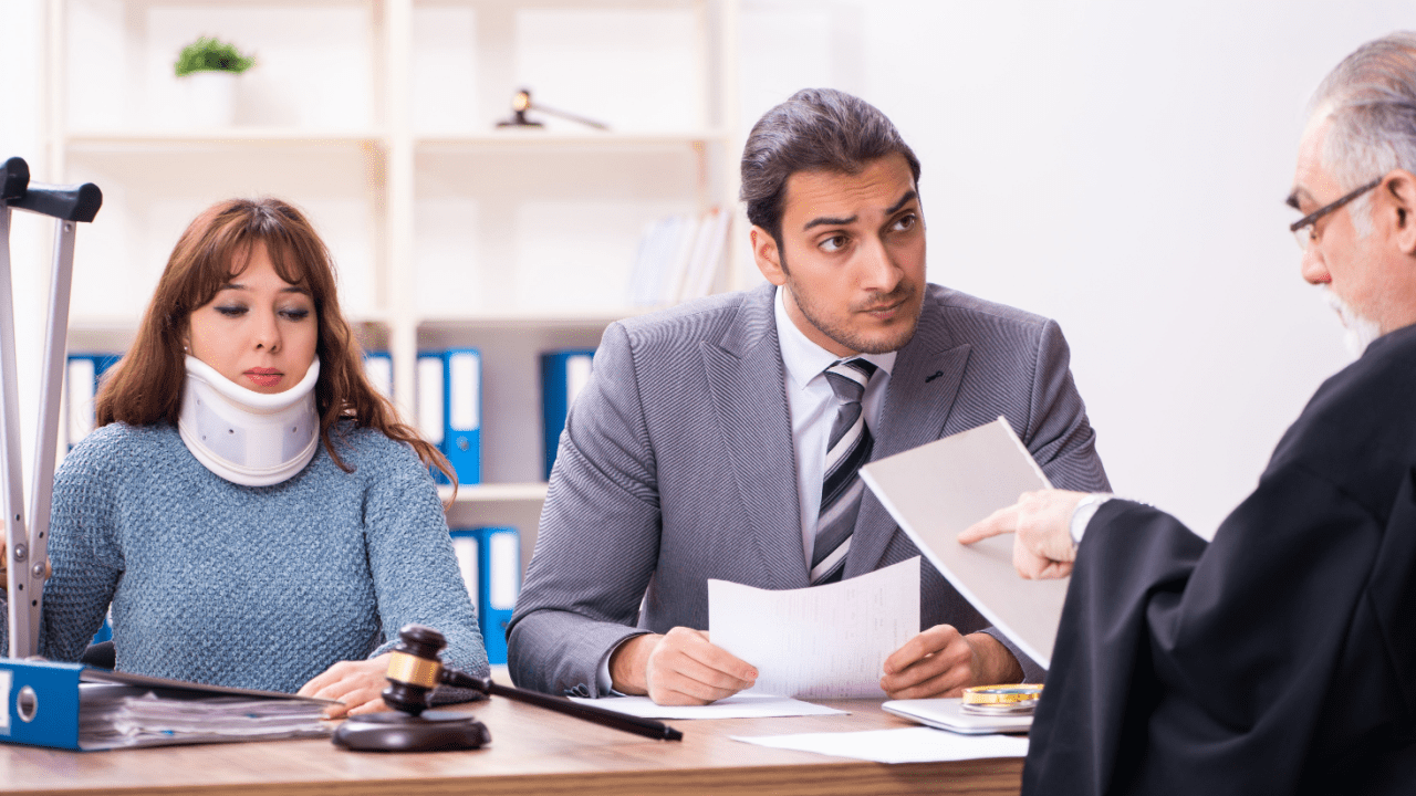 Injured woman with neck brace meeting lawyer and judge — how do I start a whiplash claim
