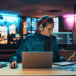 Lead generation specialist working on digital marketing strategies at a modern workspace.