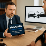 Attorney reviewing MVA lead intake form with an injured client in a neck brace during a legal consultation.