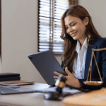 Female attorney smiling while working on tablet in office