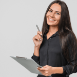 Woman holding clipboard and pen, representing how leads work in insurance