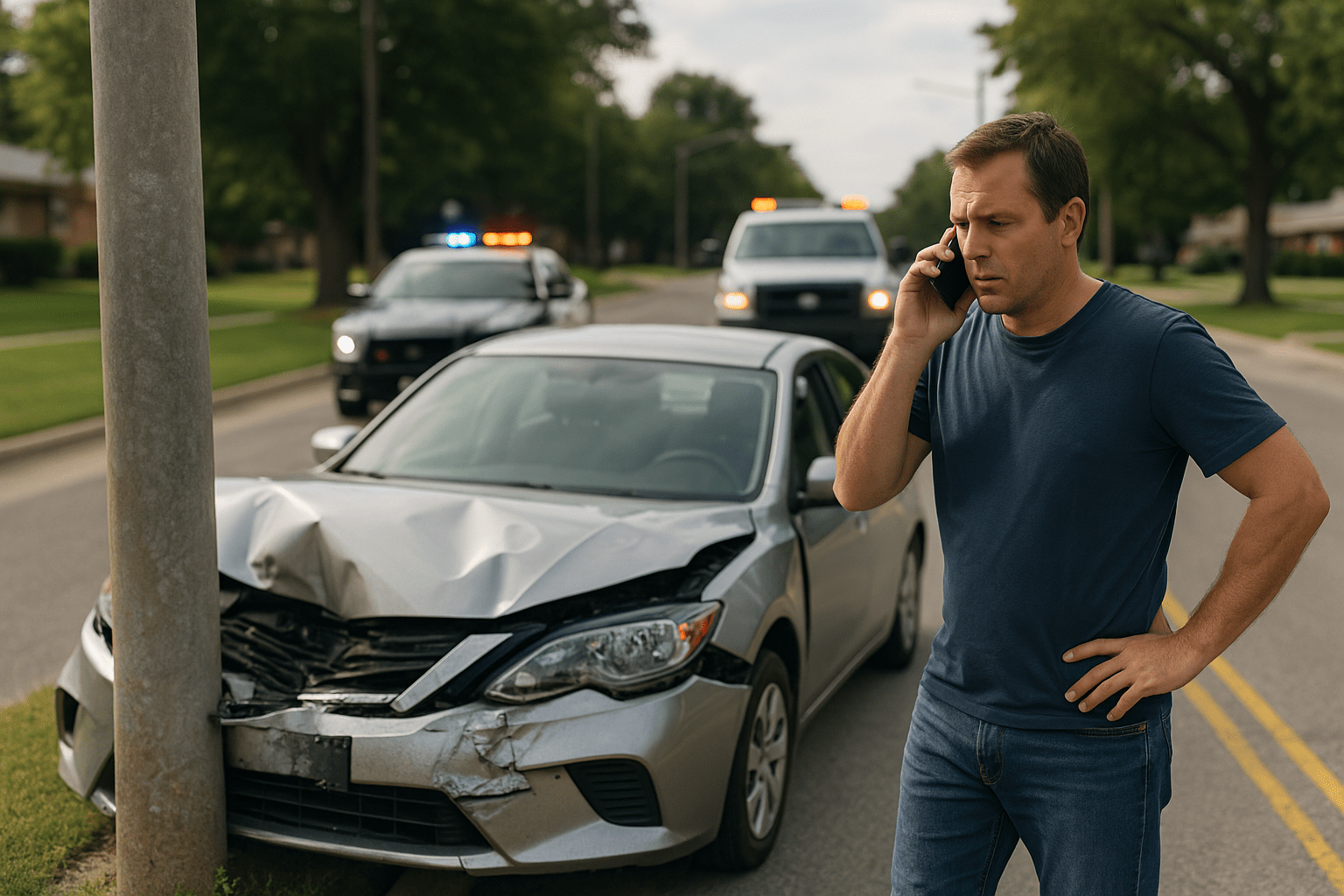 Driver on phone after single-car accident with front-end damage, wondering will insurance pay for a single car accident