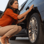 Woman in orange shirt examining car damage while crouched next to vehicle, considering whether it's better to pay out of pocket for a car accident