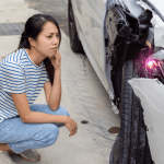 Woman in striped shirt looking distressed while crouching next to damaged white car, illustrating what happens if you cause a car accident but don't hit anyone