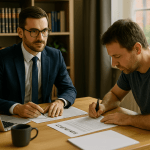 Bankruptcy lawyer advising client signing legal documents