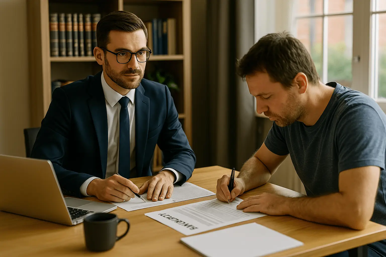 Bankruptcy lawyer advising client signing legal documents