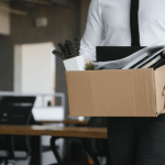 Business professional carrying box of belongings from office, representing the housing search challenge of how do I find a place to live after bankruptcy