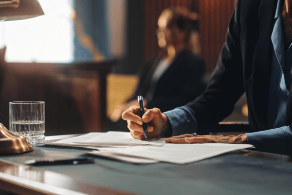 Professional bankruptcy attorney working late at law office desk with documents and brass lamp, illustrating the dedication required to become a bankruptcy attorney