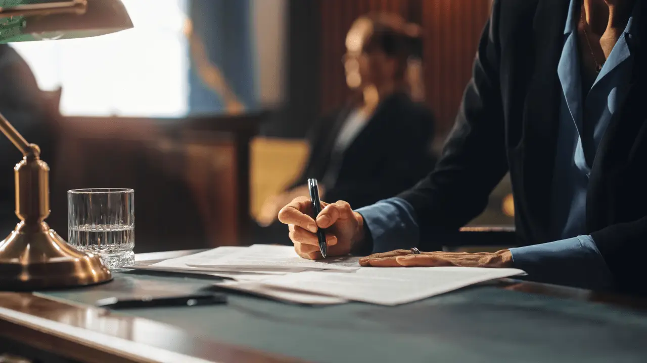 Professional bankruptcy attorney working late at law office desk with documents and brass lamp, illustrating the dedication required to become a bankruptcy attorney