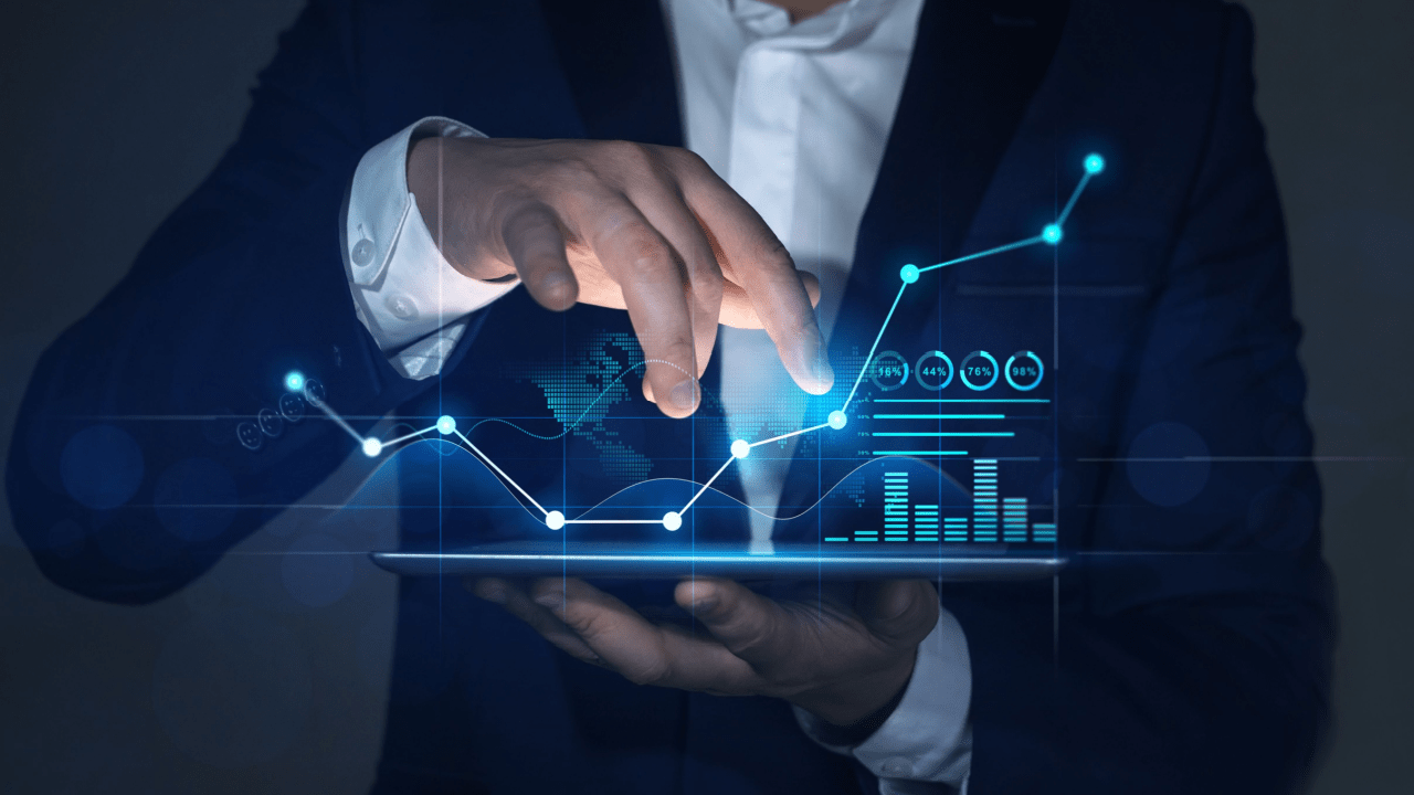 Businessman in suit interacting with digital data visualization and analytics, exploring if there is a bankruptcy database for financial records