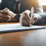 Business professional signing bankruptcy documents while another person observes, illustrating what happens when a customer files for bankruptcy