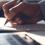 Close-up of a hand signing legal financial paperwork, symbolizing a review of what is the Chapter 5 debt limit.