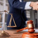 Close-up of legal symbols on a lawyer’s desk with two professionals shaking hands in the background, representing agreement and success in the legal field — is criminal defense profitable?