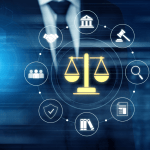 Is AI in the legal industry good or bad - robotic hand touching digital interface with scales of justice and legal service icons representing artificial intelligence in law practice