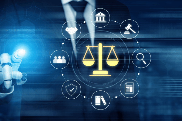 Is AI in the legal industry good or bad - robotic hand touching digital interface with scales of justice and legal service icons representing artificial intelligence in law practice