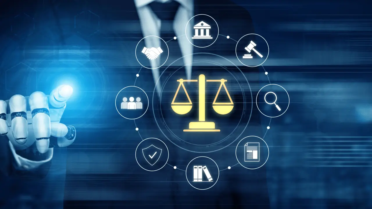 Is AI in the legal industry good or bad - robotic hand touching digital interface with scales of justice and legal service icons representing artificial intelligence in law practice