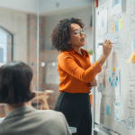 Marketing team strategizing how to use local news for law firm SEO on whiteboard with flowcharts and notes