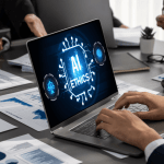 AI and ethics is it safe legal or compliant - lawyers analyzing artificial intelligence ethics on laptop with legal scales and compliance data during law firm meeting