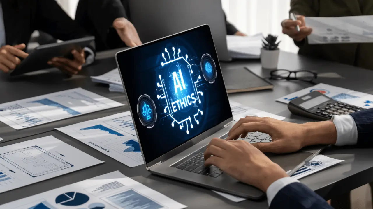 AI and ethics is it safe legal or compliant - lawyers analyzing artificial intelligence ethics on laptop with legal scales and compliance data during law firm meeting