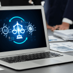 AI for lawyers is it worth it - laptop displaying artificial intelligence legal technology with scales of justice and data analytics on office desk