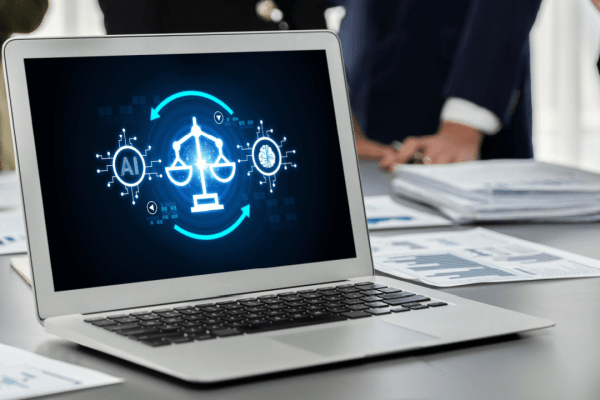 AI for lawyers is it worth it - laptop displaying artificial intelligence legal technology with scales of justice and data analytics on office desk