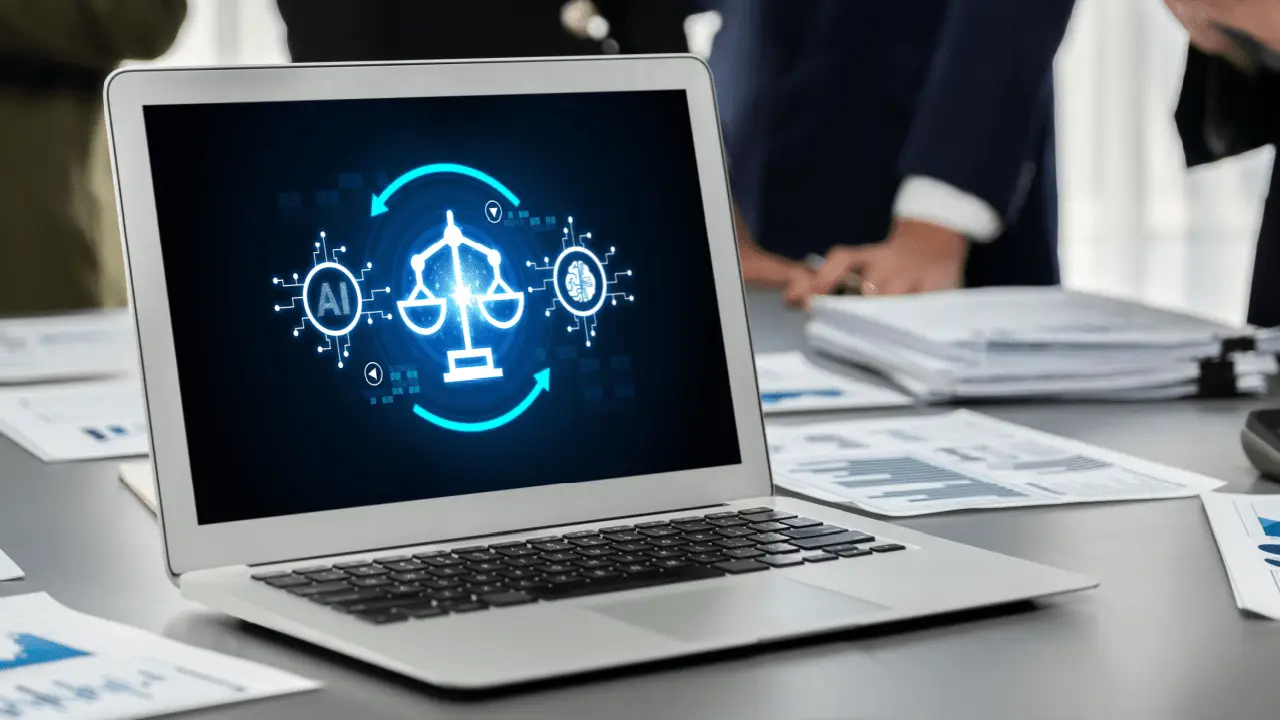 AI for lawyers is it worth it - laptop displaying artificial intelligence legal technology with scales of justice and data analytics on office desk