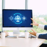 AI in law firm marketing pros cons and risks - two lawyers discussing artificial intelligence legal technology with scales of justice display during business meeting