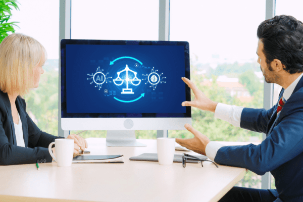 AI in law firm marketing pros cons and risks - two lawyers discussing artificial intelligence legal technology with scales of justice display during business meeting