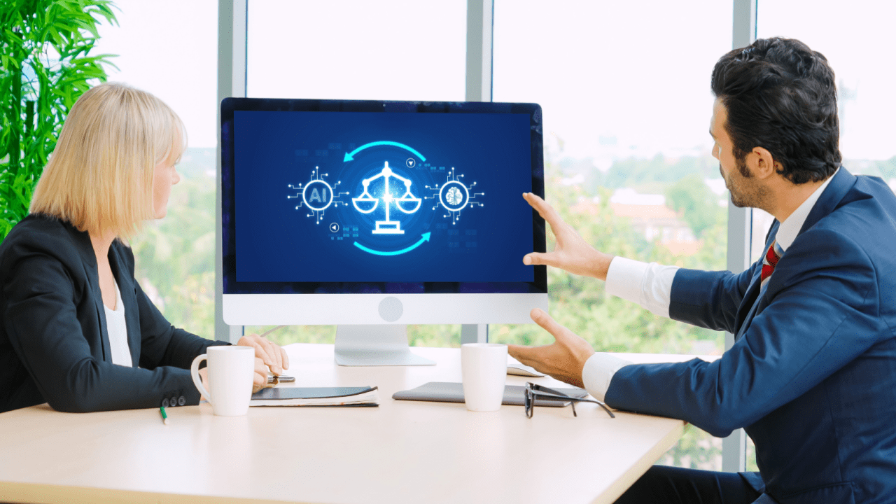 AI in law firm marketing pros cons and risks - two lawyers discussing artificial intelligence legal technology with scales of justice display during business meeting