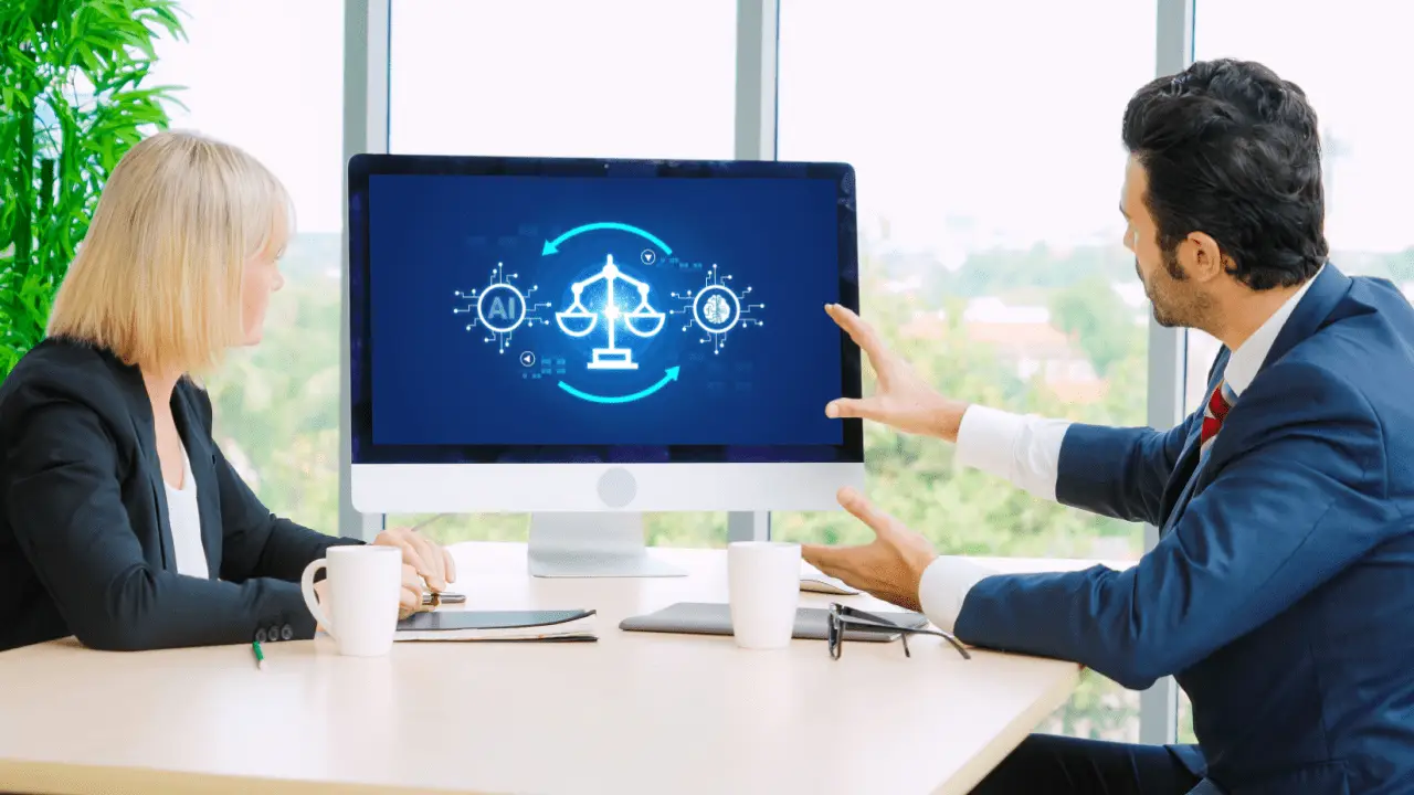 AI in law firm marketing pros cons and risks - two lawyers discussing artificial intelligence legal technology with scales of justice display during business meeting