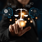 AI vs Human Expertise What's Better for lawyers - Legal professional holding digital scales of justice with artificial intelligence technology
