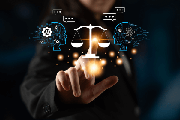AI vs Human Expertise What's Better for lawyers - Legal professional holding digital scales of justice with artificial intelligence technology