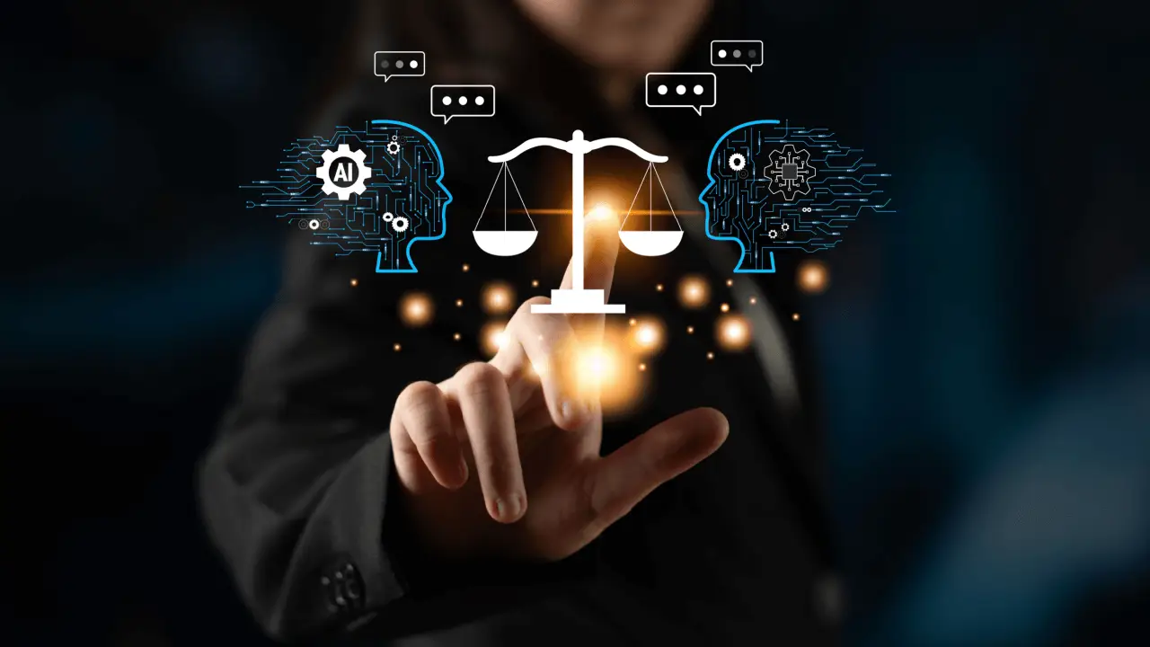 AI vs Human Expertise What's Better for lawyers - Legal professional holding digital scales of justice with artificial intelligence technology