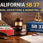 California SB 37 legal advertising concept showing a judge’s gavel, scales of justice, and a binder labeled “SB 37” next to a California state outline.