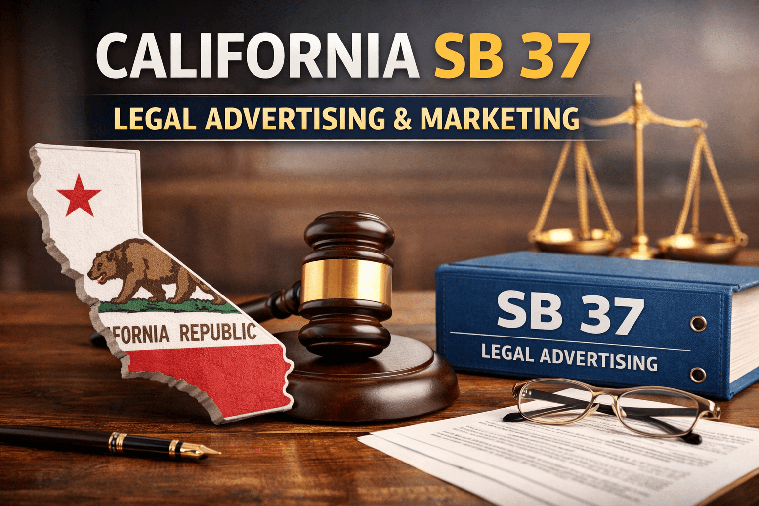 California SB 37 legal advertising concept showing a judge’s gavel, scales of justice, and a binder labeled “SB 37” next to a California state outline.