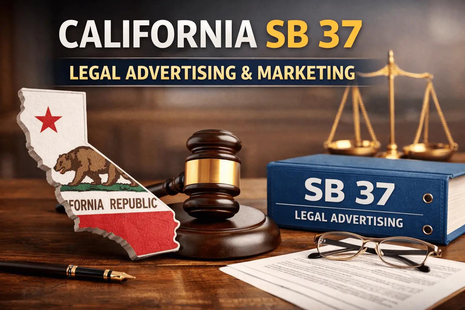 California SB 37 legal advertising concept showing a judge’s gavel, scales of justice, and a binder labeled “SB 37” next to a California state outline.