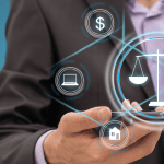 Does AI help reduce law firm overhead costs - Lawyer using digital interface with justice scales and financial management icons