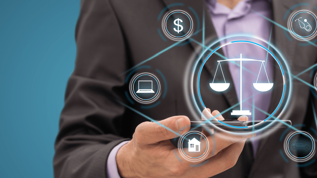 Does AI help reduce law firm overhead costs - Lawyer using digital interface with justice scales and financial management icons