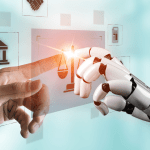 Does AI improve law firm intake conversions - human hand and robot hand touching with legal icons including courthouse and scales of justice
