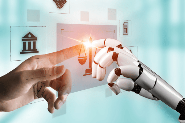 Does AI improve law firm intake conversions - human hand and robot hand touching with legal icons including courthouse and scales of justice