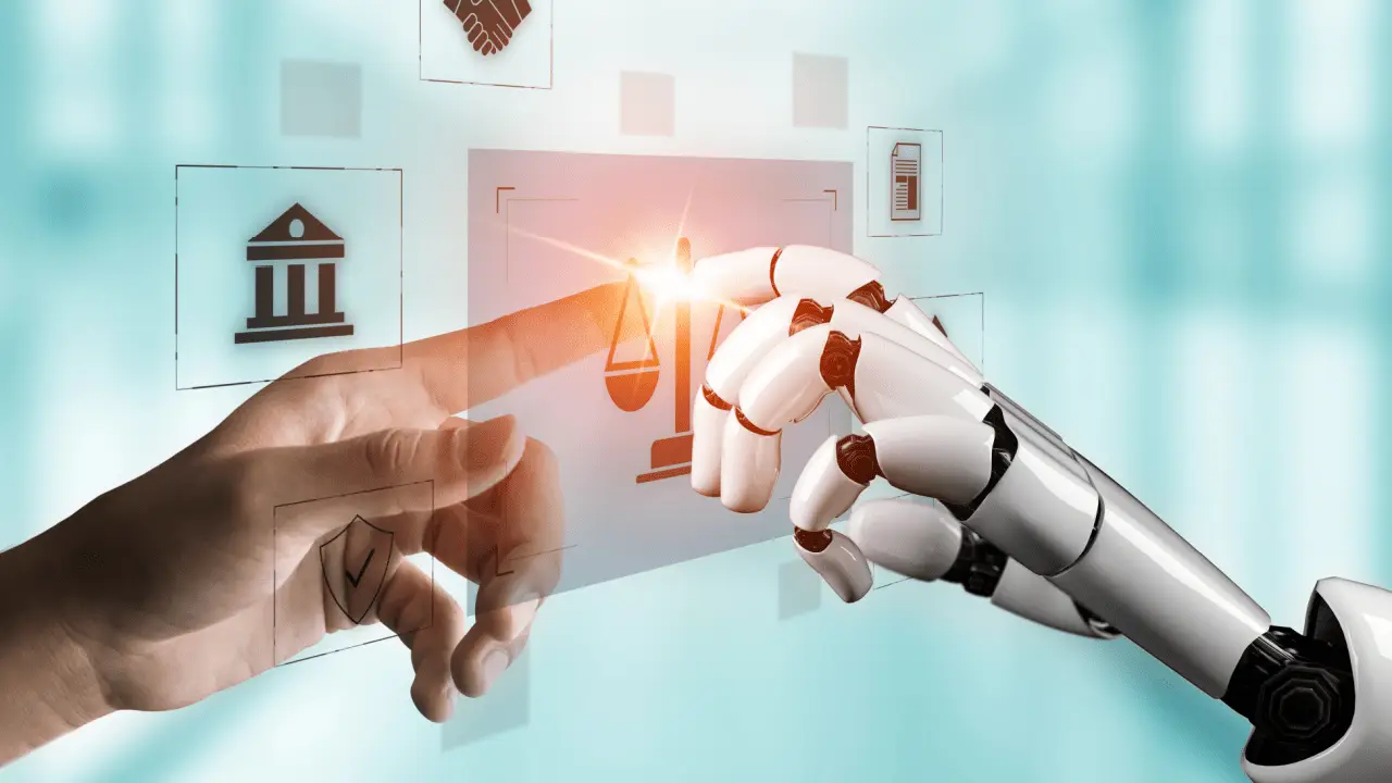 Does AI improve law firm intake conversions - human hand and robot hand touching with legal icons including courthouse and scales of justice