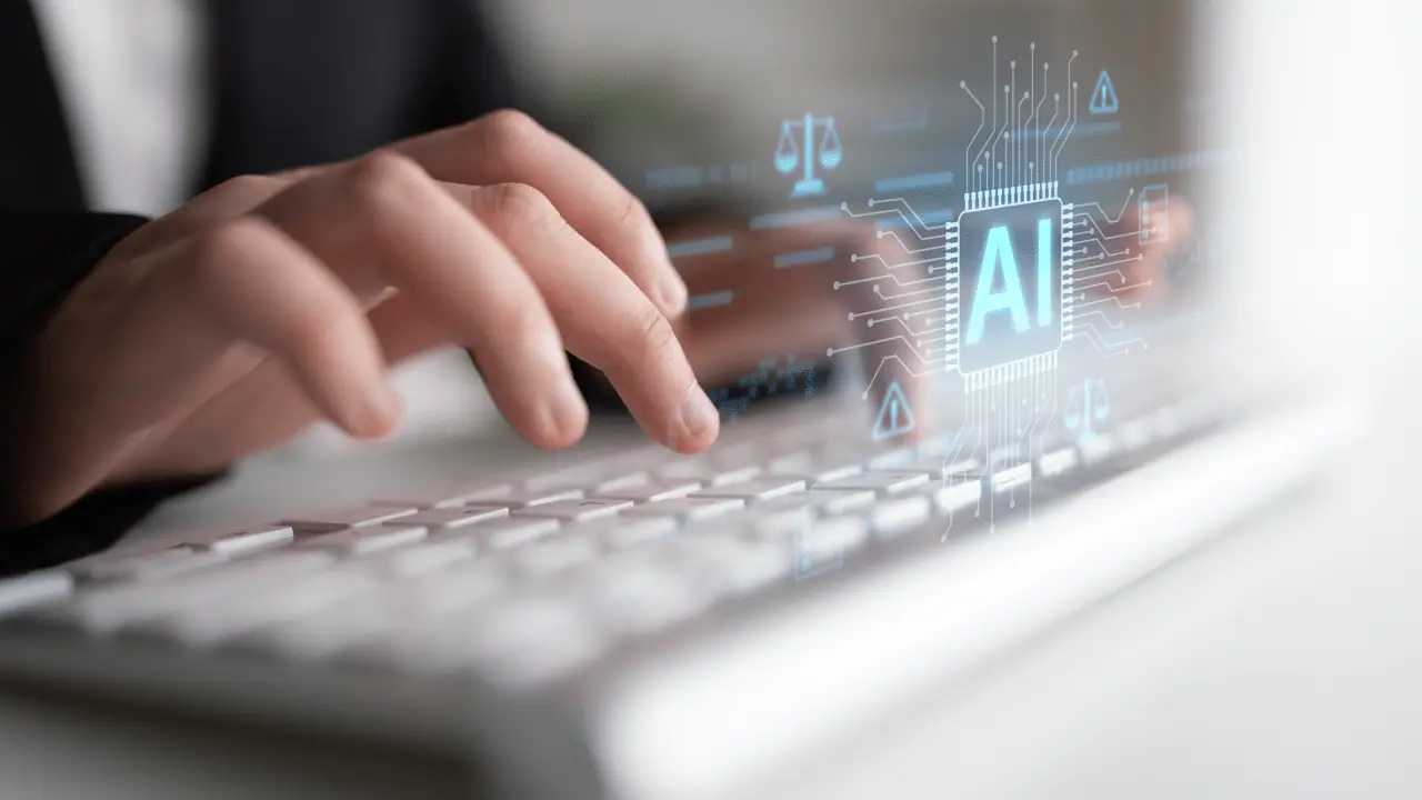 Attorney using AI technology to improve law firm productivity on computer keyboard with digital interface