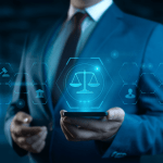 Does AI reduce legal research time - Lawyer using smartphone with holographic justice scales and legal technology icons interface