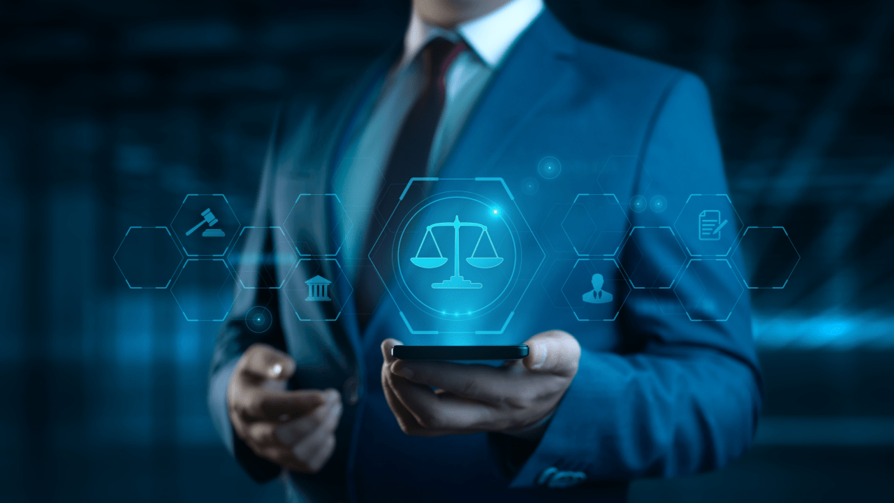 Does AI reduce legal research time - Lawyer using smartphone with holographic justice scales and legal technology icons interface
